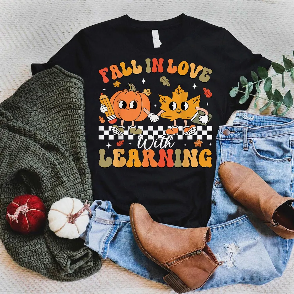 Retro Fall In Love With Learning Autumn Pumpkin Teacher Shirt Unisex Standard T-Shirt black s