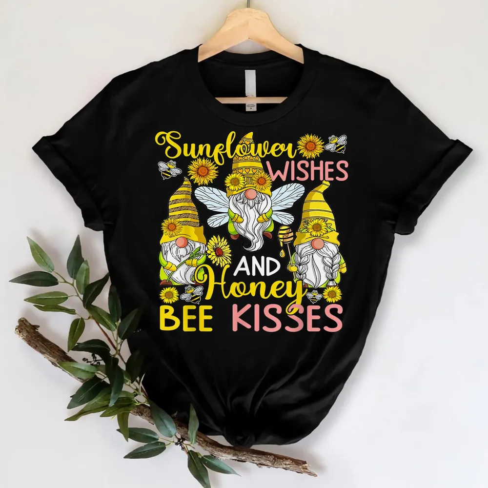 Sunflower And Honey Bee Kisses Three Gnomes Sunflowers Lover Shirt Unisex Standard T-Shirt black s